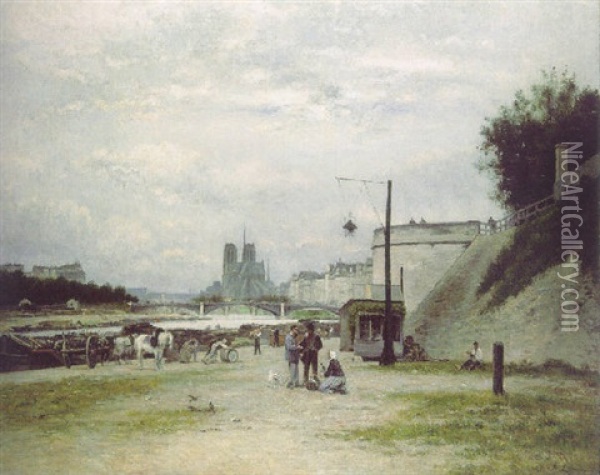 Le Quai De Louviers Au Pont Sully (le Quai Henri Iv A Paris) Oil Painting - Stanislas Lepine