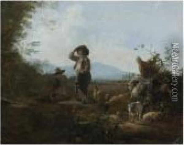 An Italianate Landscape With Shepherds Resting With Their Flock Oil Painting - Adam Pynacker