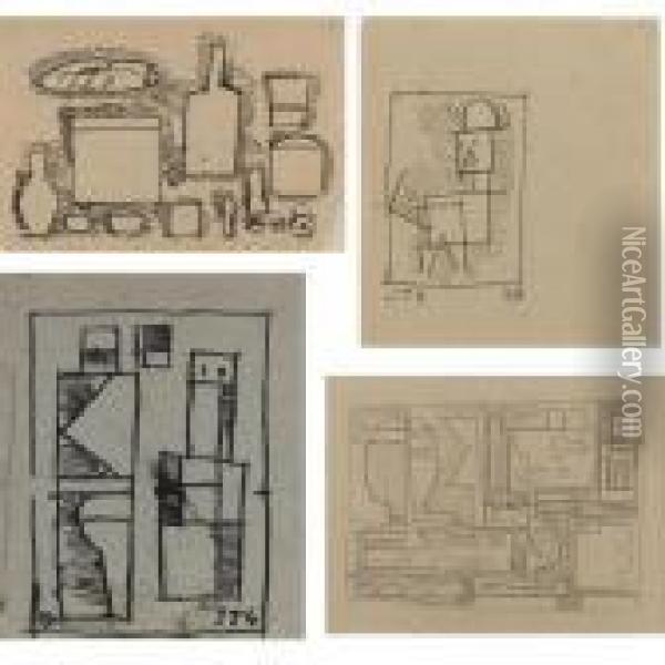 A Group Of Four Drawings: 
Objects (montevideo); Dos Figuras Abstractas; Un Hombre; Composicion Con
 Locomotiva Oil Painting - Joaquin Torres-Garcia
