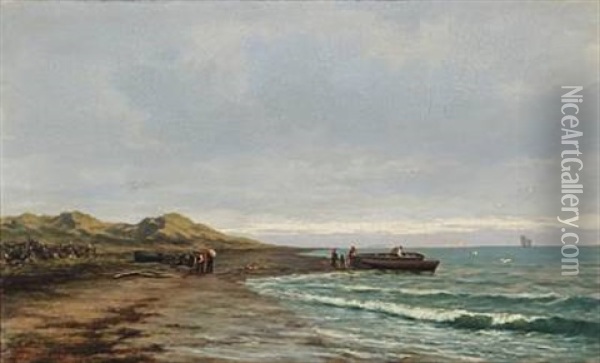 Coastal View With Boats And People On The Beach, Presumably From Norway Oil Painting - Johan Larssen