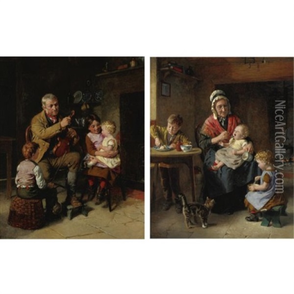 Grandfather's Recital (+ Grandmother's Charges; A Pair) Oil Painting - William Hemsley