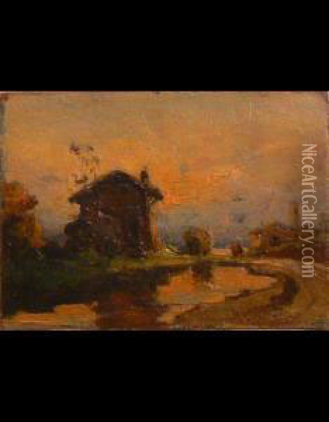 Campagna Piemontese Lungo Il Fiume Oil Painting - Angelo Beccaria