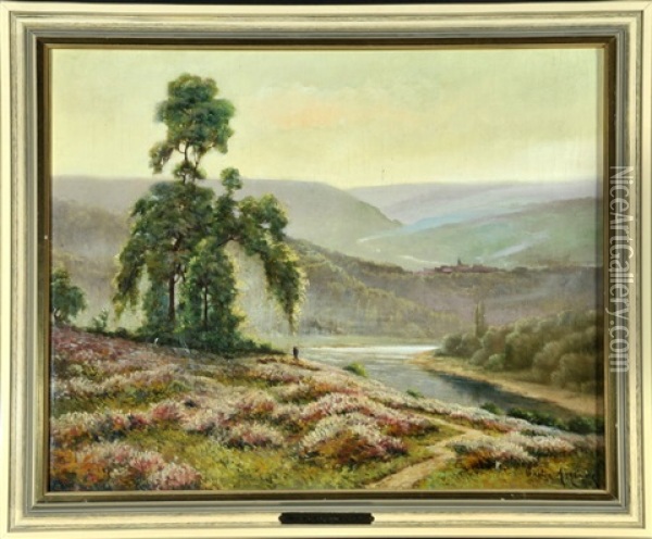 Heidelandschaft Am Fluss Mit Schafherde Oil Painting - Gaston Anglade