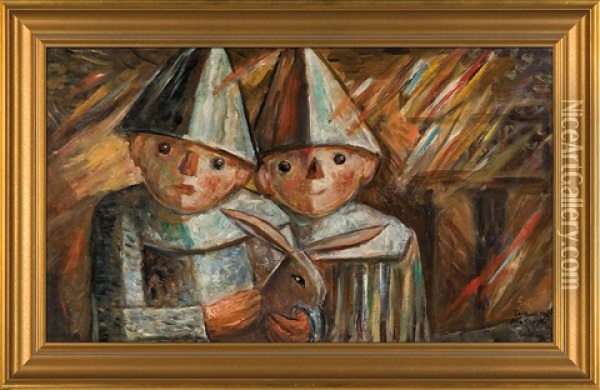 Two Children Wih Rabbit Oil Painting - Tadeusz (Tade) Makowski