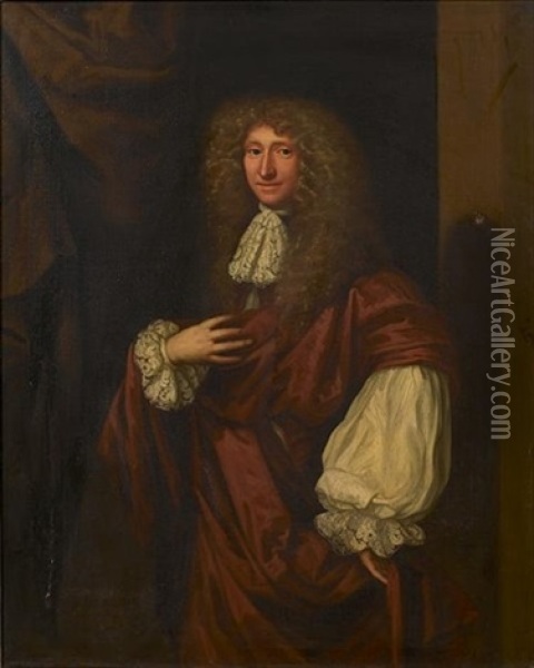 Portrait Of A Gentleman, Said To Be Sir William Whitmore, 2nd Bart. Of Apley, In A Russet Coat With A White Lace Jabot, Standing Before A Column Oil Painting - John Greenhill