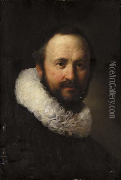 Portrait Of A Man, Head And Shoulders, Wearing A Black Coat With A White Ruff Oil Painting - Rembrandt Van Rijn