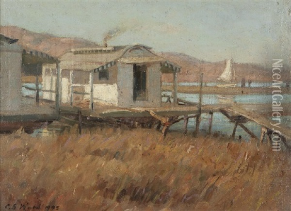 Fishing Shacks And Sailboat, Southern California Oil Painting - Charles S. Ward