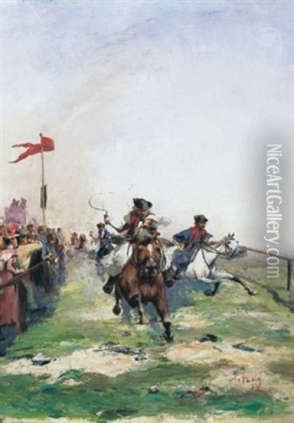 Loverseny (horse Derby) Oil Painting - Laszlo Pataky