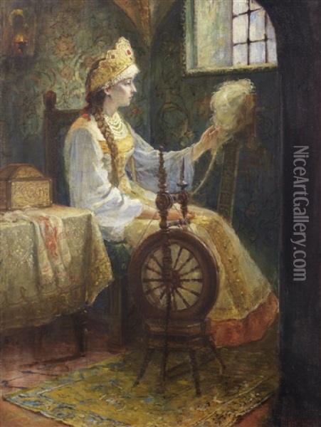 Russian Boyarynya At The Spinning Wheel Oil Painting - Sergei Dmitrievich Miloradovich