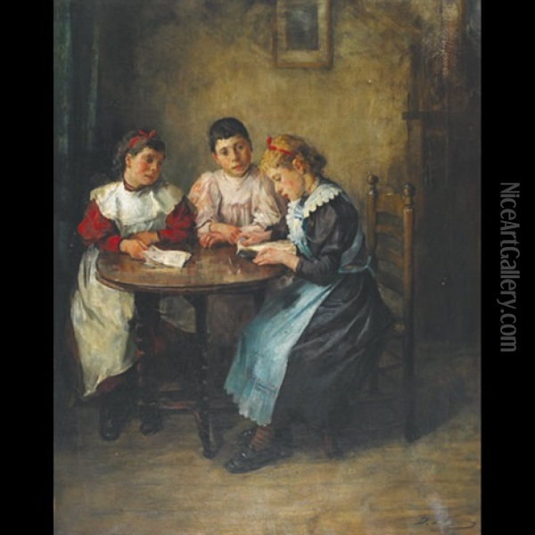 Children Around A Table Oil Painting - Baruch Lopes de Leao Laguna