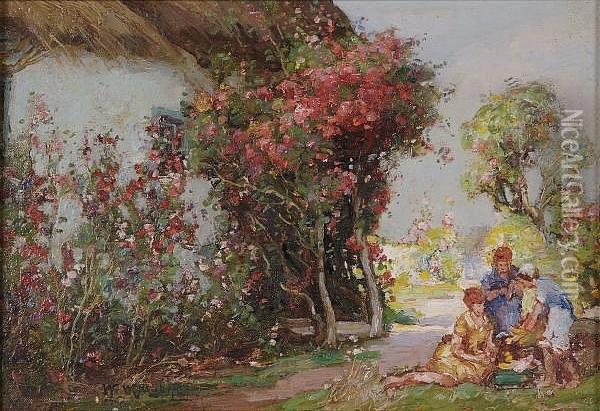 Figures In A Rose Garden, Thatched Cottage With Roses Oil Painting - William Watt Milne