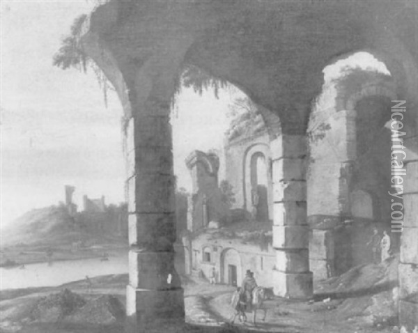 Ruines Antiques Animees De Cavaliers Et De Promeneurs Oil Painting - Hendrick Frans van Lint