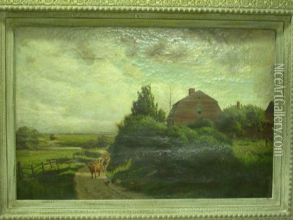 Landscape With A Red Farm House And Cows And Chickens On A Dirt Road, Sea In The Distance Oil Painting - Edmund Elisha Case