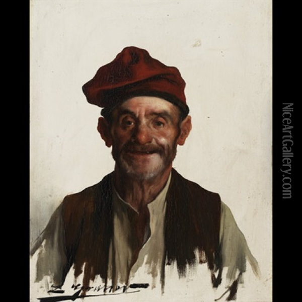 Happy Peasant Wearing Toque Oil Painting - Luis Graner y Arrufi