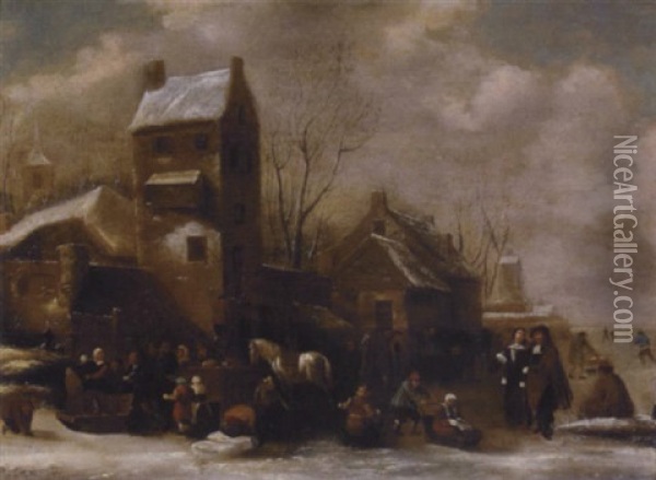 A Winter Landscape With Numerous Figures Gathered Outside An Inn Oil Painting - Nicolaes Molenaer