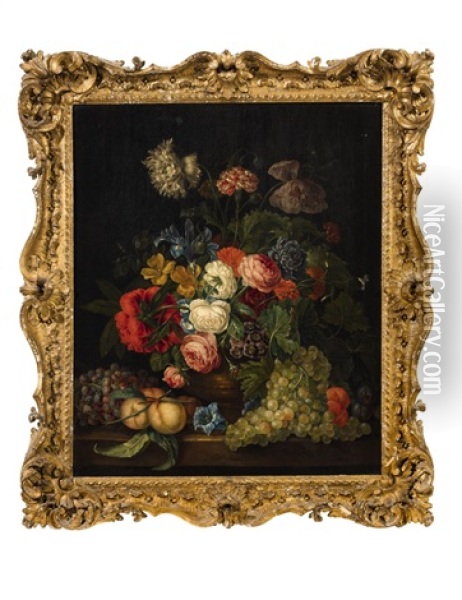 Still Life With A Vase Of Flowers And Fruits Oil Painting - Jacob van Huysum