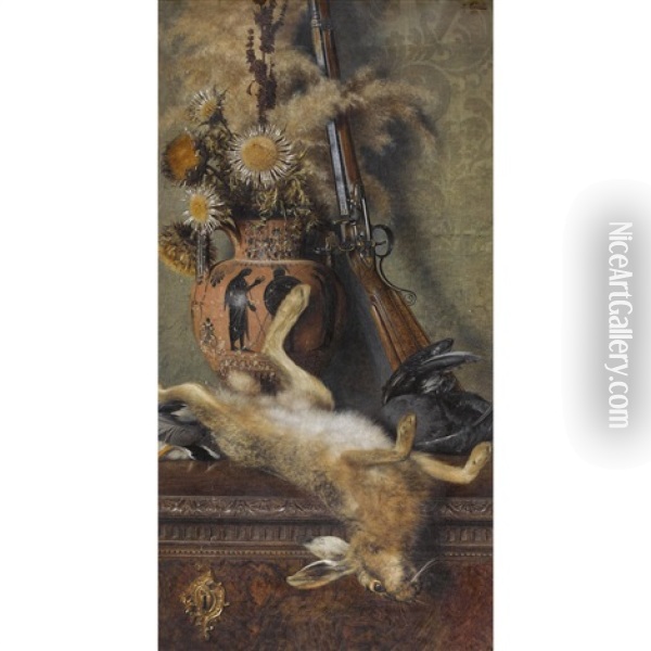 Jagdstillleben Mit Erlegtem Hasen Und Silberdisteln In Griechischer Amphore Oil Painting - Giorgio Lucchesi