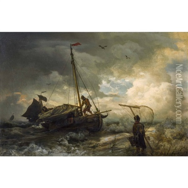 Fischerboot Am Sturmischen Strand Oil Painting - Andreas Achenbach