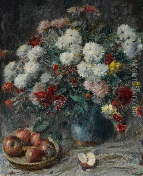 Still Life With Apples And Chrysanthemums Oil Painting - Geza Kende