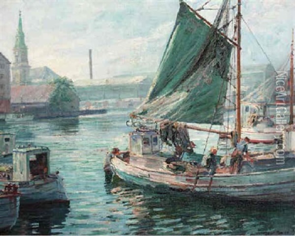 Fishing Boats In Copenhagen Harbour Oil Painting - Robert Panitzsch