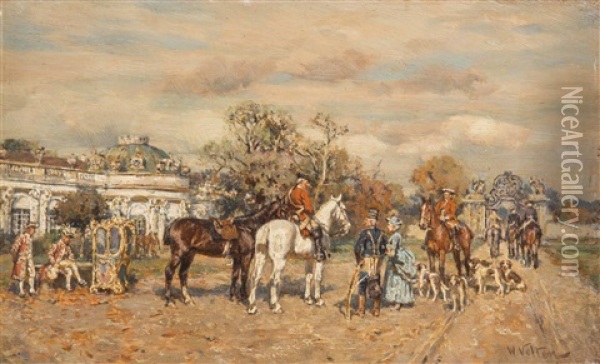 Aufbruch Zur Jagd Vor Schloss Sanssouci In Potsdam Bei Berlin Oil Painting - Wilhelm Velten