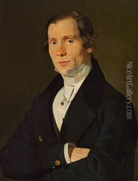 Portrait Of A Gentleman In A Dark Green Coat With A Black Velvet Collar And Yellow Buttons Oil Painting - Christian Albrecht Jensen