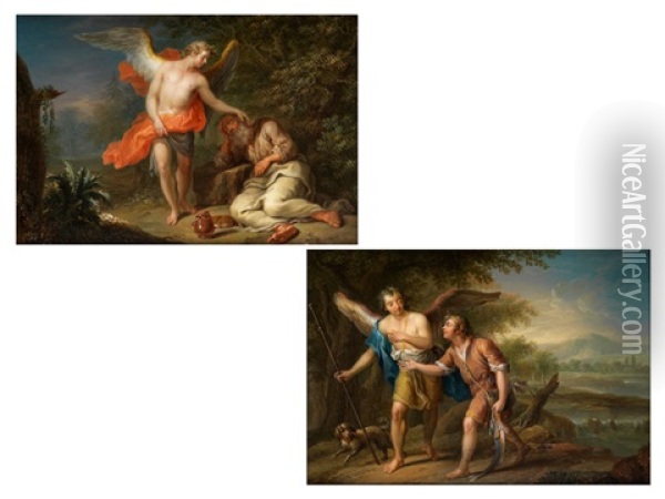 Der Engel Erscheint Dem Schlafenden Elias (+ Tobias Und Der Erzengel Rafael; Pair) Oil Painting - Franz Christoph Janneck