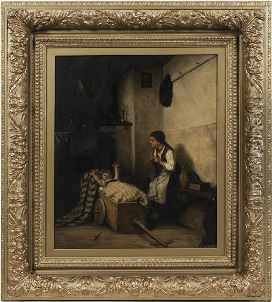 Watching The Baby Oil Painting - Ferdinand Brutt