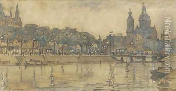 Central station and the St Nicolaas church, Amsterdam, in the evening Oil Painting - Nicolaas Van Der Waay