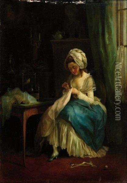 La Couseuse Oil Painting - Pierre-Antoine Baudouin