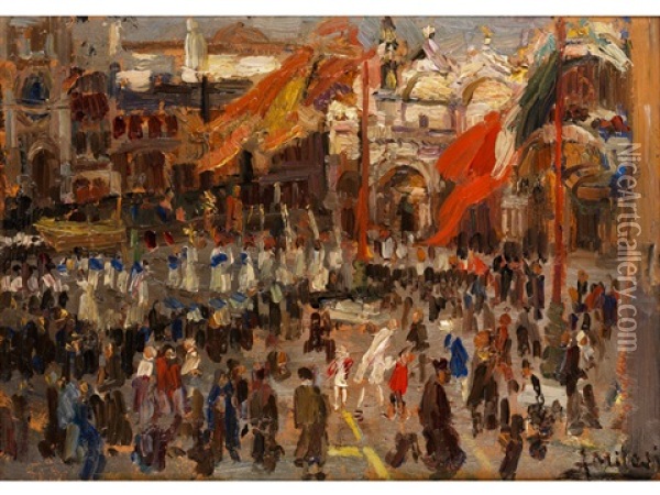 Prozession Auf Dem Markusplatz In Venedig Oil Painting - Alessandro Milesi