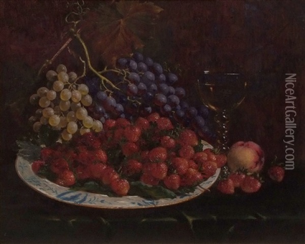 Still Life Study Of Mixed Fruit On A Blue And White Platter On A Table Ledge Oil Painting - William Hughes