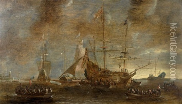 Marins Embarquant Dans Un Port A Bord De Chaloupes Oil Painting - Andries van Artvelt (Ertvelt)