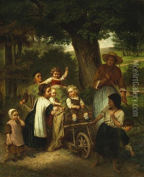 Children Playing In A Hay Wagon Oil Painting - Carl Ebert