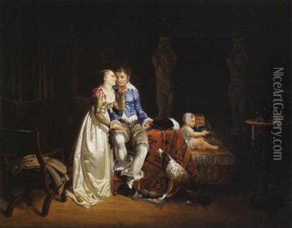 Une Scene Galante Dans Un Interieur Troubadour Oil Painting - Jean-Baptiste Mallet