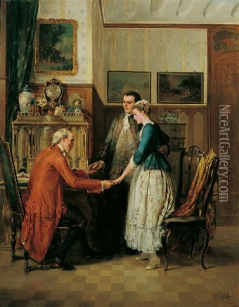 Die Verlobung - Das Junge Paar Vor Dem Brautvater Stehend Oil Painting - Carl Heinrich Hoff the Elder