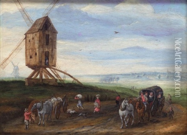 A Landscape With Waggoners On A Road Beside A Windmill Oil Painting - Jan Brueghel the Elder