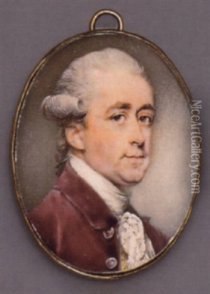 A Gentleman In Plum-coloured Velvet Jacket, Gold-embroidered White Waistcoat And Lace Cravat, Powdered Wig En Queue Oil Painting - Jeremiah Meyer