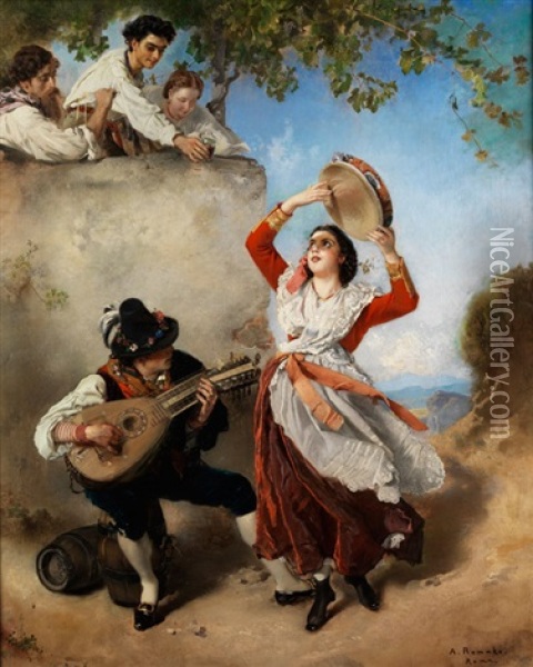 Romische Tarantella-tanzerin Mit Tamburin Und Einem Mandolinenspieler Oil Painting - Anton Romako