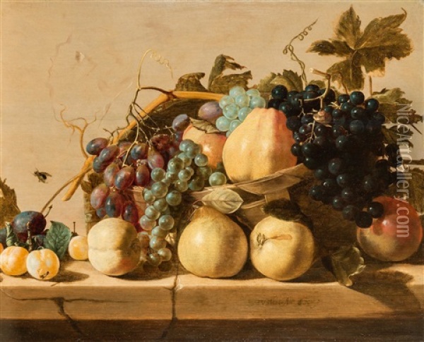 Still Life With Grapes And Pears In A Basket, With Peaches, Apricots, Plum And Pomegranate With Insects On A Stone Slab Oil Painting - Nicolaes (Claes) Heussen