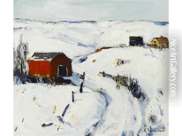 The Red Barn (snowy Pond) Oil Painting - Thomas Lorraine Hunt