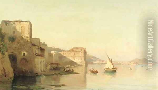 A view on Palazzo d'Anna and the bay of Naples, the Vesuvius in the distance Oil Painting - Alessandro la Volpe