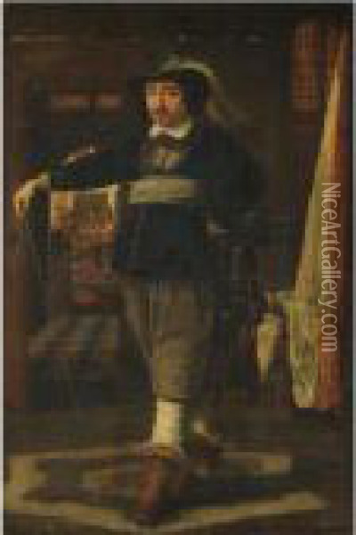 Portrait Of A Cavalier, 
Full-length, In An Interior With Soldiers Loading Their Guns Beyond Oil Painting - Wolfgang Heimbach