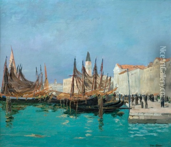 Gondolas En Venecia Oil Painting - Gino Albieri