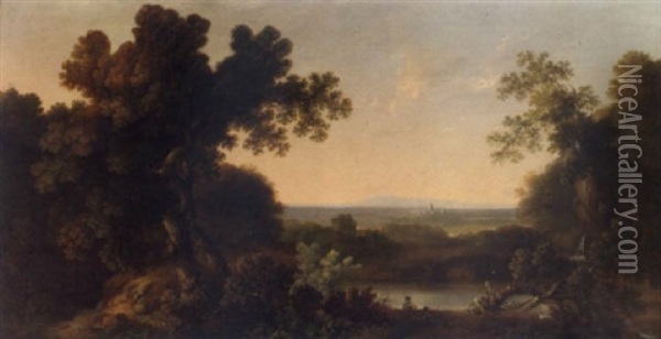 A Wooded Landscape With Children Resting Beside A Lake In The Foreground, A View Of Chichester Beyond Oil Painting - George Smith of Chichester