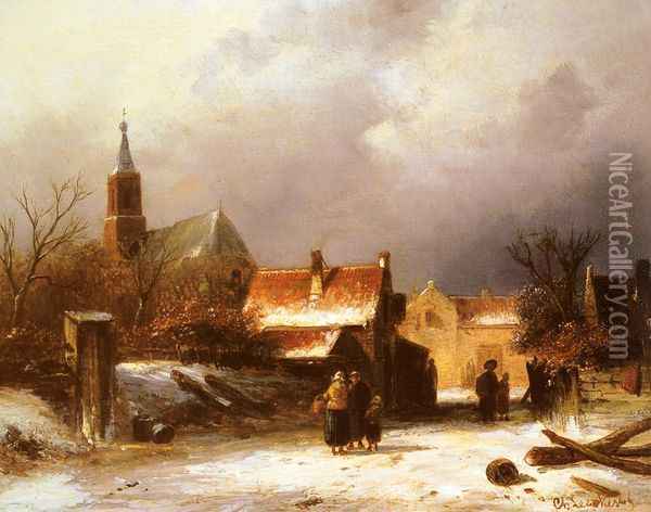 Figures on a Snow Covered Path with a Dutch Town beyond Oil Painting - Charles Henri Joseph Leickert