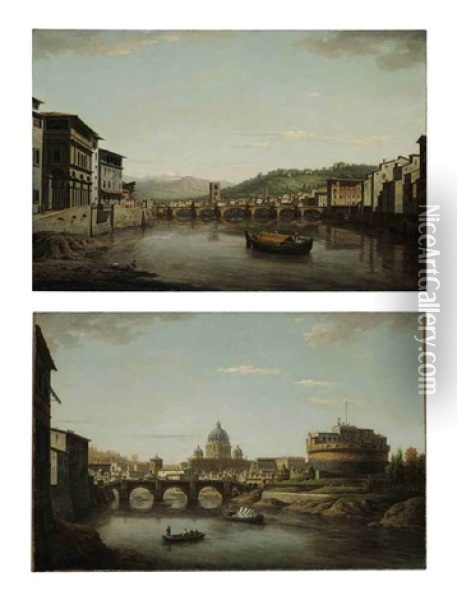 View Of Florence From The Ponte Vecchio Looking Up The Arno... (+ View Of Rome With Saint Peter's And The Castel Sant'angelo Seen From The Tiber; Pair) Oil Painting - William Marlow