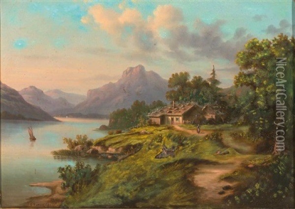 'am Walensee' Oil Painting - Carl Georg Theodor Katterfeldt