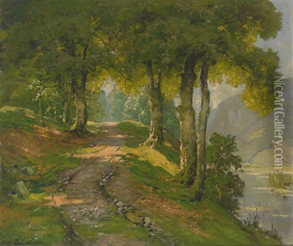 Lichtdurchfluteter Waldweg An Einem See Oil Painting - Oskar Leu