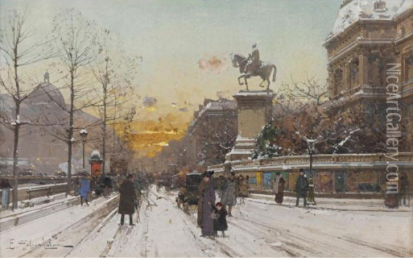 A Sunset In The Snow- Les Quais De L'hotel De Ville Oil Painting - Eugene Galien-Laloue